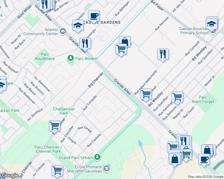 map of restaurants, bars, coffee shops, grocery stores, and more near 6498 Rue Claudel in Brossard