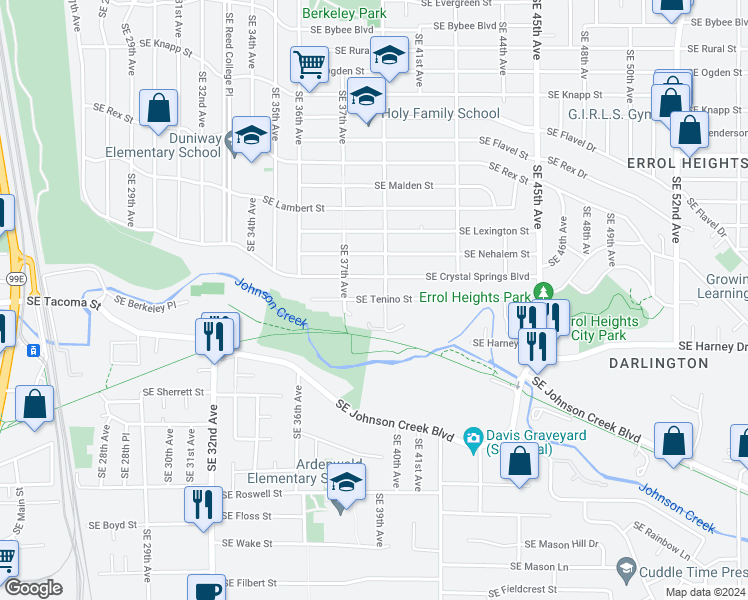 map of restaurants, bars, coffee shops, grocery stores, and more near 3738 Southeast Crystal Springs Boulevard in Portland