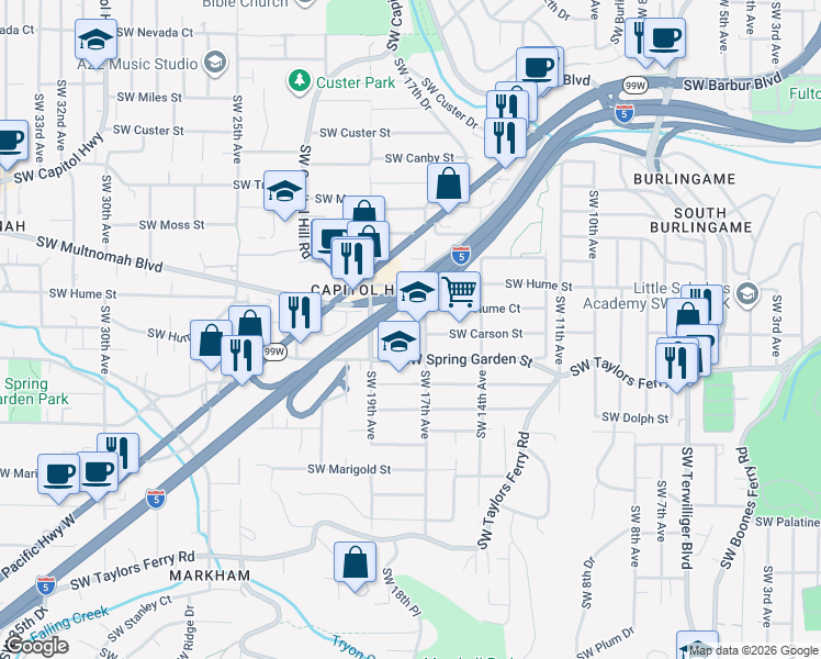 map of restaurants, bars, coffee shops, grocery stores, and more near 1632 Southwest Hume Court in Portland