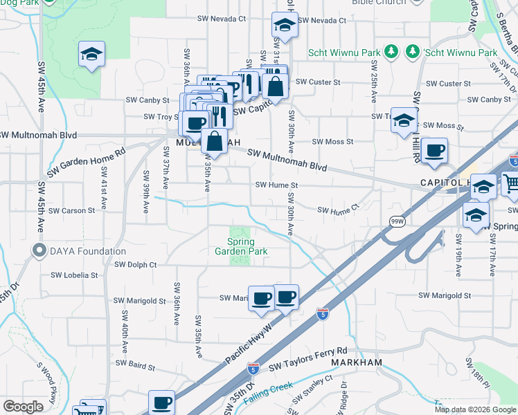 map of restaurants, bars, coffee shops, grocery stores, and more near 3060 Southwest Hume Street in Portland
