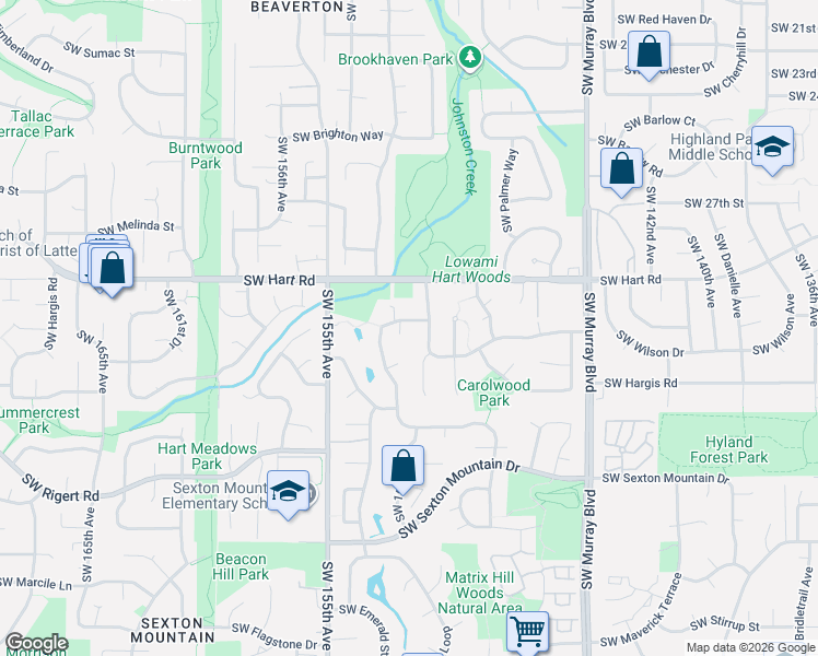 map of restaurants, bars, coffee shops, grocery stores, and more near 7655 Southwest Gearhart Drive in Beaverton