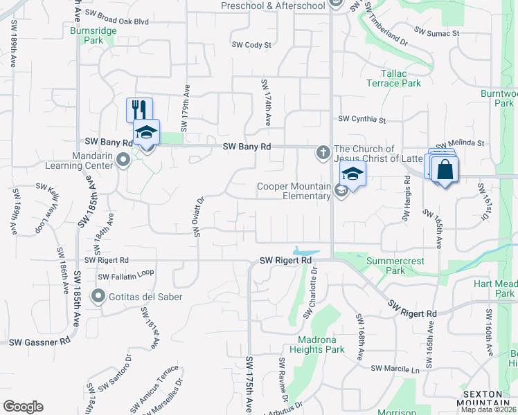 map of restaurants, bars, coffee shops, grocery stores, and more near 17373 Southwest Loma Vista Street in Beaverton