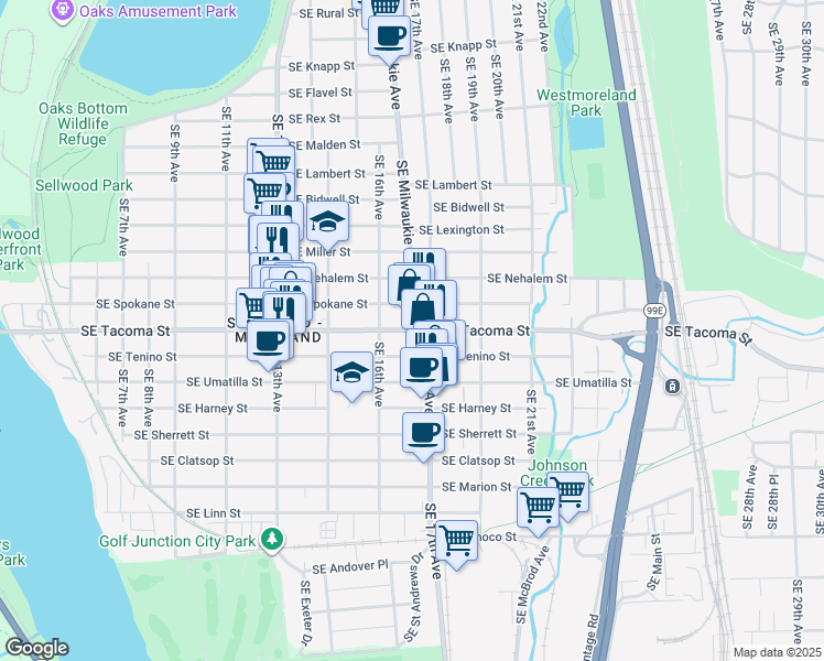 map of restaurants, bars, coffee shops, grocery stores, and more near 1650 Southeast Tacoma Street in Portland