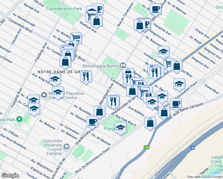 map of restaurants, bars, coffee shops, grocery stores, and more near in Montreal
