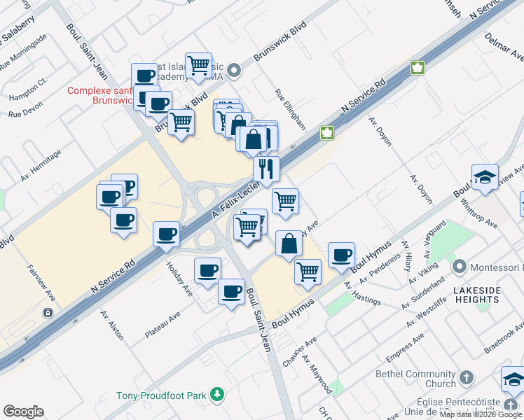 map of restaurants, bars, coffee shops, grocery stores, and more near 17 Place de la Triade in Pointe-Claire