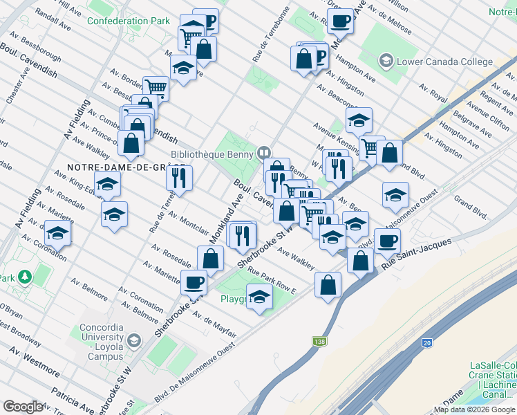 map of restaurants, bars, coffee shops, grocery stores, and more near 4235 Avenue Prince-of-Wales in Montrã©Al
