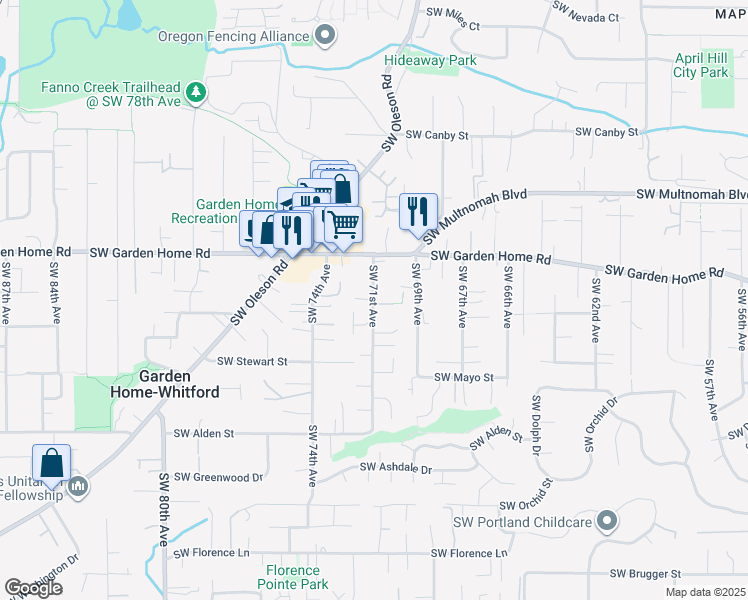 map of restaurants, bars, coffee shops, grocery stores, and more near 7620 SW 71st Ave in Portland
