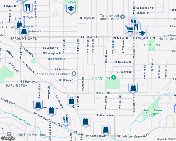 map of restaurants, bars, coffee shops, grocery stores, and more near 8021-8025 Southeast 64th Avenue in Portland