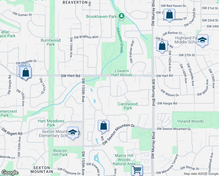 map of restaurants, bars, coffee shops, grocery stores, and more near 7610 Southwest Gearhart Drive in Beaverton