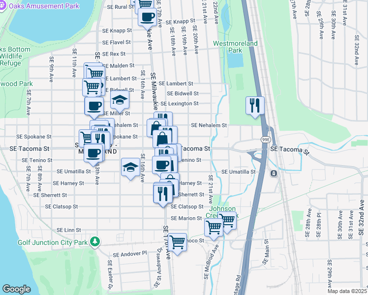 map of restaurants, bars, coffee shops, grocery stores, and more near 1748 Southeast Spokane Street in Portland