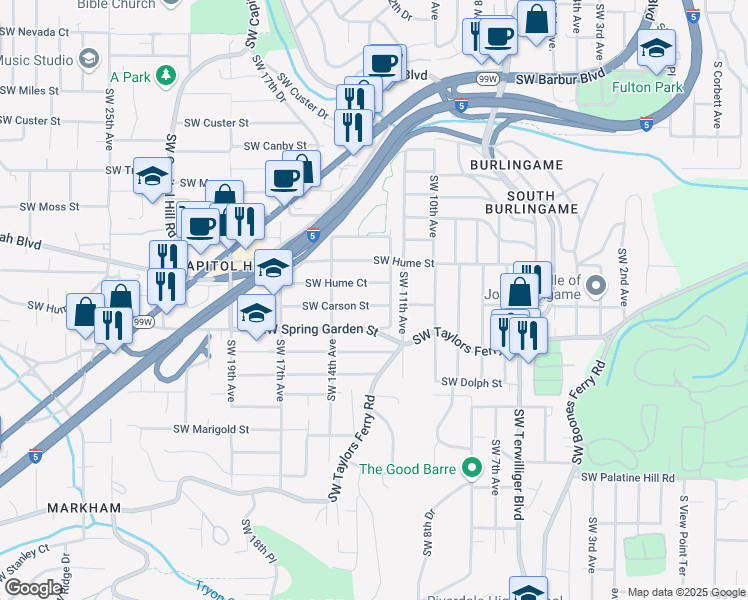 map of restaurants, bars, coffee shops, grocery stores, and more near 1235 Southwest Carson Street in Portland