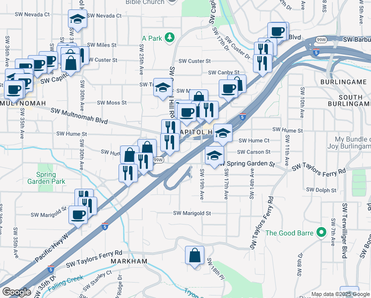 map of restaurants, bars, coffee shops, grocery stores, and more near 1926 Southwest Hume Court in Portland