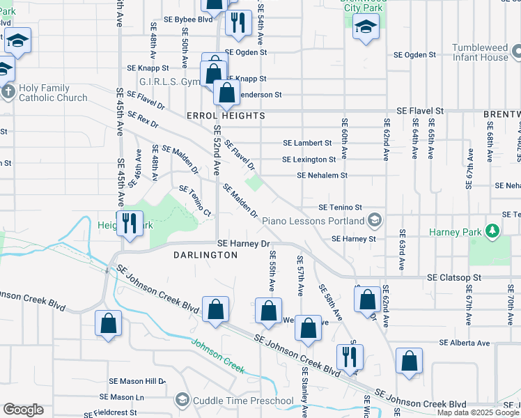 map of restaurants, bars, coffee shops, grocery stores, and more near 5442 Southeast Flavel Drive in Portland