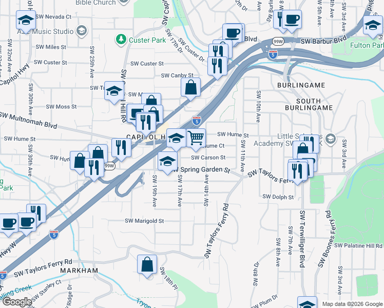 map of restaurants, bars, coffee shops, grocery stores, and more near 1513 Southwest Hume Court in Portland