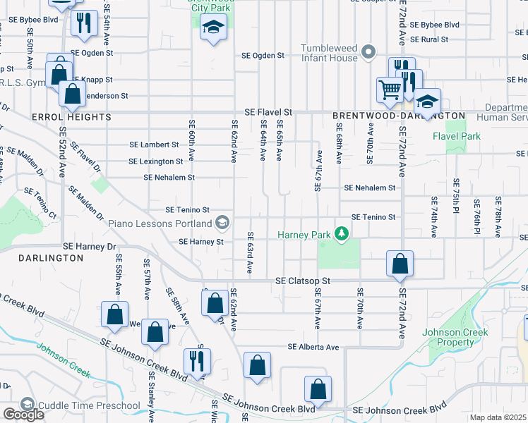 map of restaurants, bars, coffee shops, grocery stores, and more near 8021-8025 Southeast 64th Avenue in Portland
