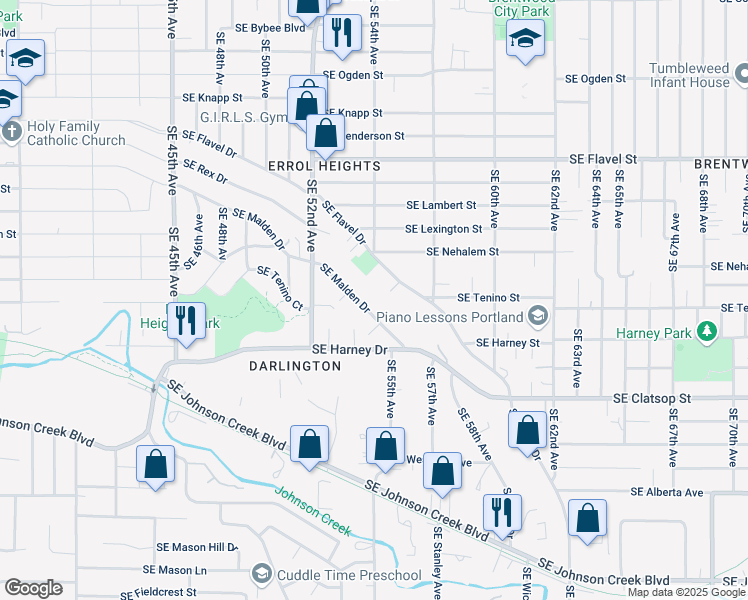 map of restaurants, bars, coffee shops, grocery stores, and more near 5442 Southeast Flavel Drive in Portland
