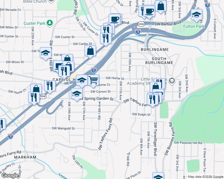 map of restaurants, bars, coffee shops, grocery stores, and more near 1227 Southwest Hume Court in Portland