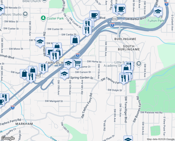 map of restaurants, bars, coffee shops, grocery stores, and more near 1331 Southwest Hume Court in Portland