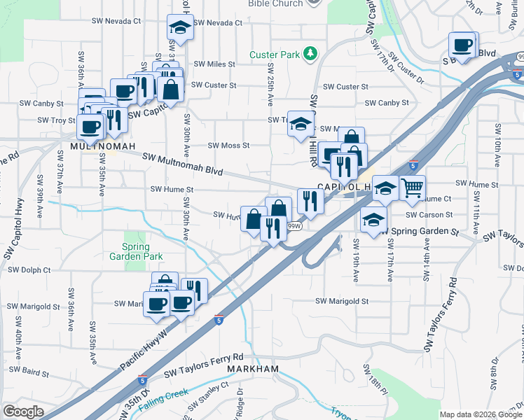 map of restaurants, bars, coffee shops, grocery stores, and more near 2525 Southwest Hume Court in Portland