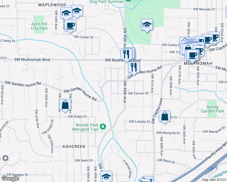 map of restaurants, bars, coffee shops, grocery stores, and more near 8229 Southwest 47th Avenue in Portland