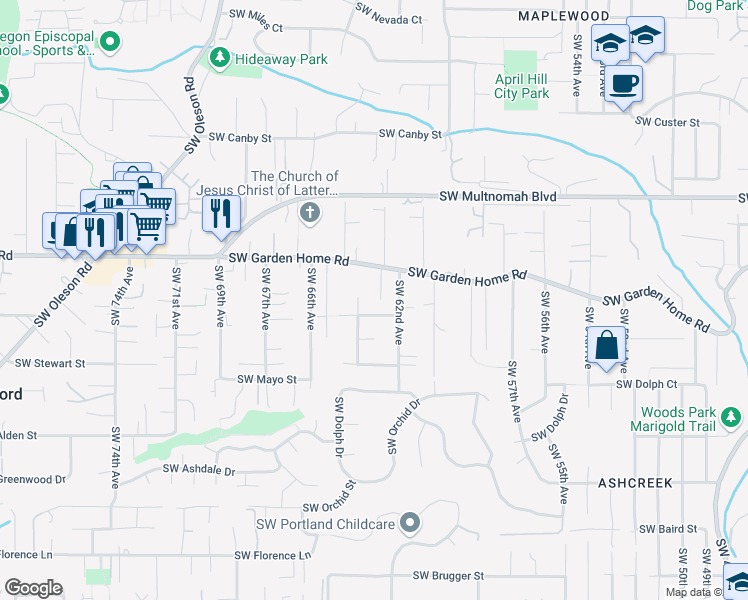 map of restaurants, bars, coffee shops, grocery stores, and more near 6316 Southwest Garden Home Road in Portland