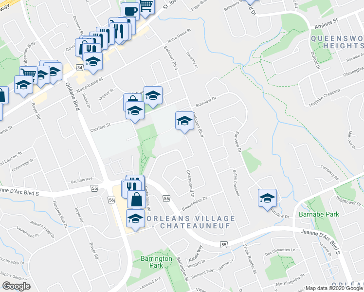 map of restaurants, bars, coffee shops, grocery stores, and more near 1595 Champneuf Drive in Ottawa