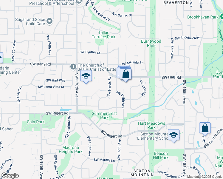 map of restaurants, bars, coffee shops, grocery stores, and more near 16837 Southwest Hargis Road in Beaverton