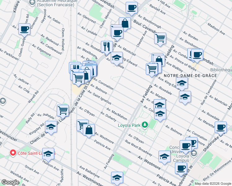 map of restaurants, bars, coffee shops, grocery stores, and more near 5278 Avenue Coronation in Montréal