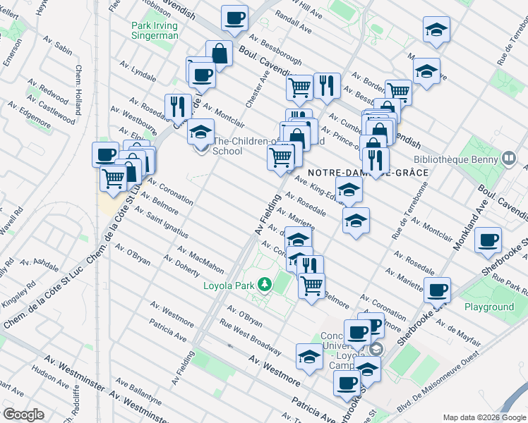 map of restaurants, bars, coffee shops, grocery stores, and more near 6915 Avenue Fielding in Montréal