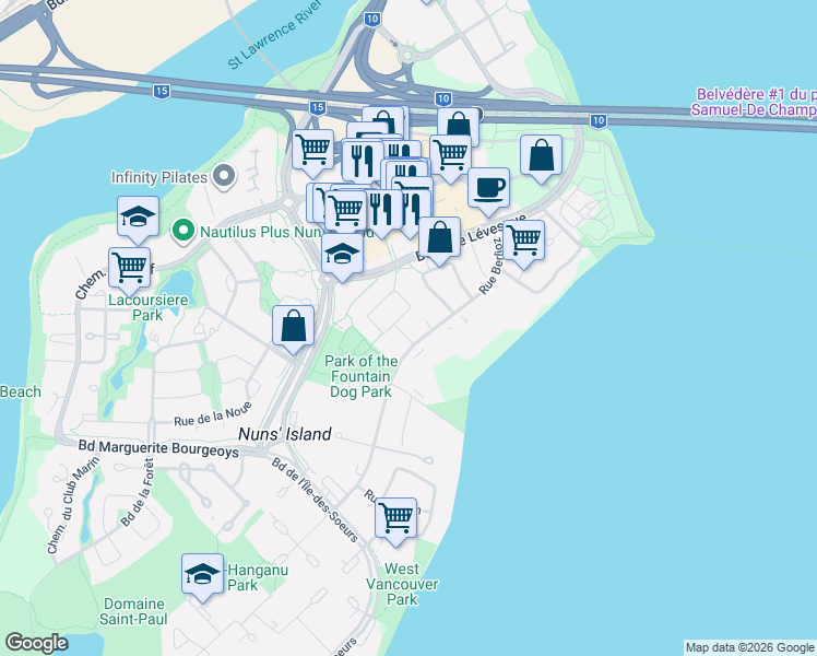map of restaurants, bars, coffee shops, grocery stores, and more near 19 Place du Soleil in Montréal