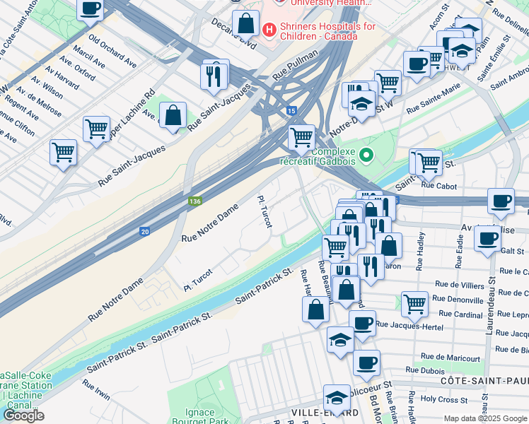 map of restaurants, bars, coffee shops, grocery stores, and more near 5735 Place Turcot in Montreal