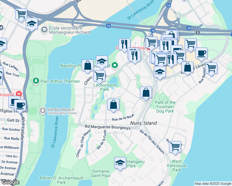 map of restaurants, bars, coffee shops, grocery stores, and more near 760 Chemin Marie le Ber in Montreal