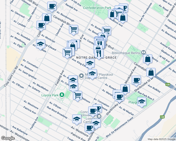 map of restaurants, bars, coffee shops, grocery stores, and more near 6825 Avenue Somerled in Montréal