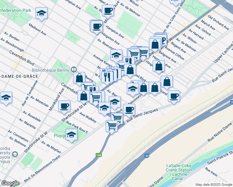 map of restaurants, bars, coffee shops, grocery stores, and more near 2431 Avenue Benny in Montréal