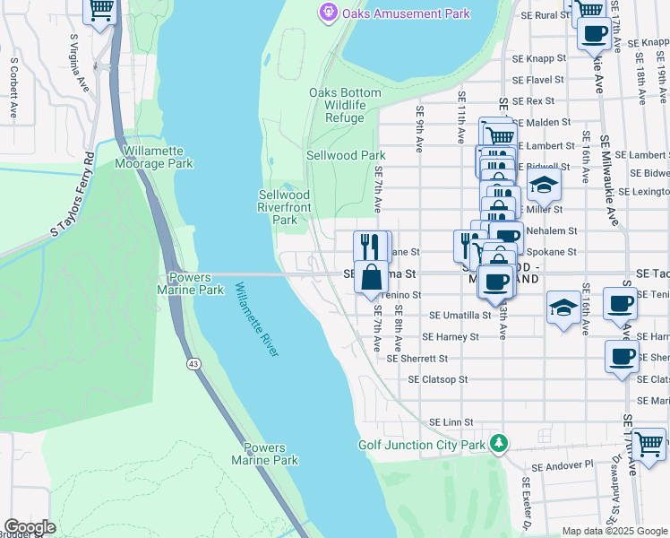map of restaurants, bars, coffee shops, grocery stores, and more near 8406 Southeast Grand Avenue in Portland