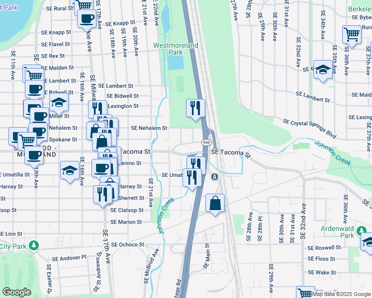 map of restaurants, bars, coffee shops, grocery stores, and more near 2445 Southeast Tacoma Street in Portland