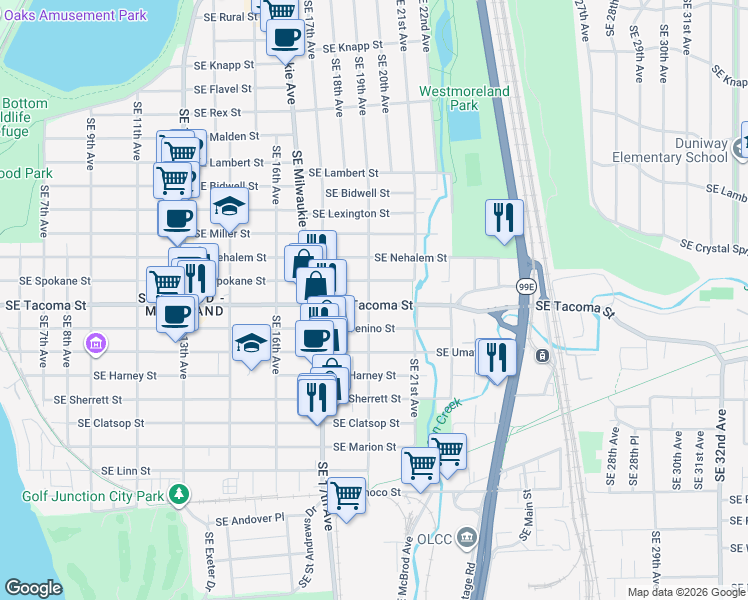 map of restaurants, bars, coffee shops, grocery stores, and more near 8066 Southeast 19th Avenue in Portland