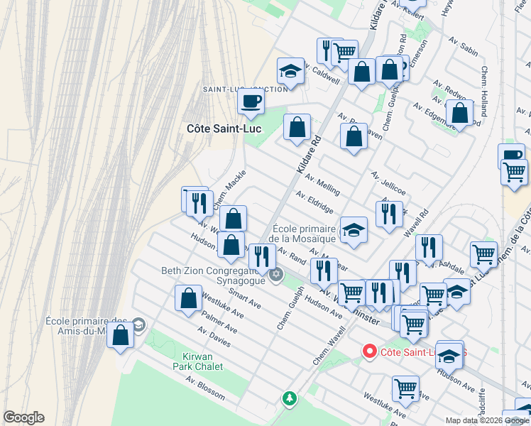 map of restaurants, bars, coffee shops, grocery stores, and more near 5754 Avenue McMurray in Côte Saint-Luc