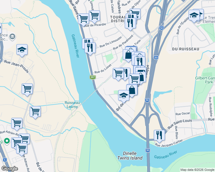map of restaurants, bars, coffee shops, grocery stores, and more near 7 Rue Olida in Gatineau