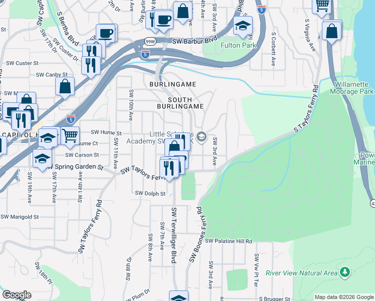 map of restaurants, bars, coffee shops, grocery stores, and more near 8325 Southwest Terwilliger Boulevard in Portland