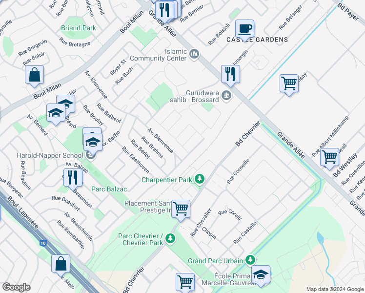 map of restaurants, bars, coffee shops, grocery stores, and more near Rue Bolivar in Brossard