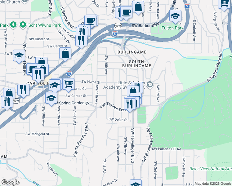 map of restaurants, bars, coffee shops, grocery stores, and more near 8328 Southwest 9th Avenue in Portland