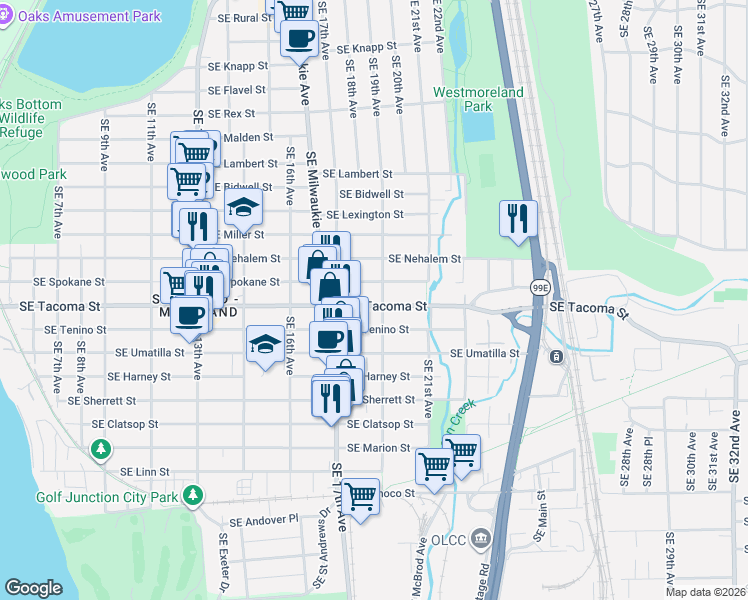 map of restaurants, bars, coffee shops, grocery stores, and more near 1867 Southeast Tacoma Street in Portland
