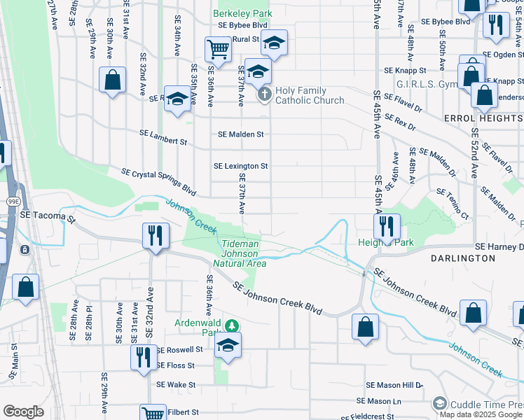 map of restaurants, bars, coffee shops, grocery stores, and more near 3738 Southeast Crystal Springs Boulevard in Portland