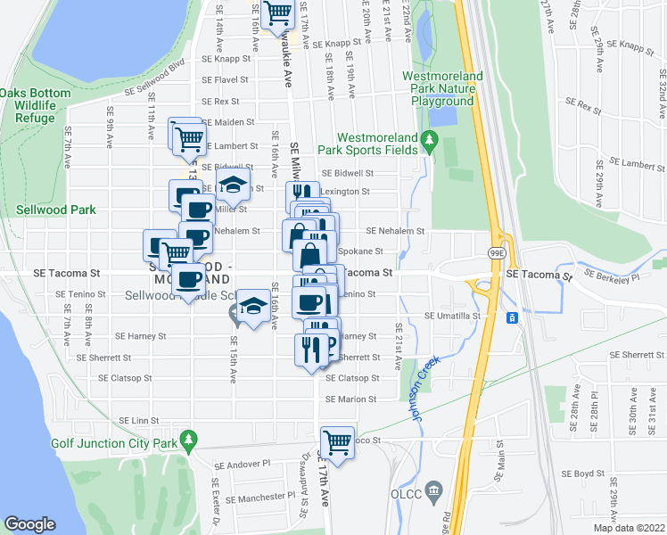 map of restaurants, bars, coffee shops, grocery stores, and more near 1748 Southeast Spokane Street in Portland