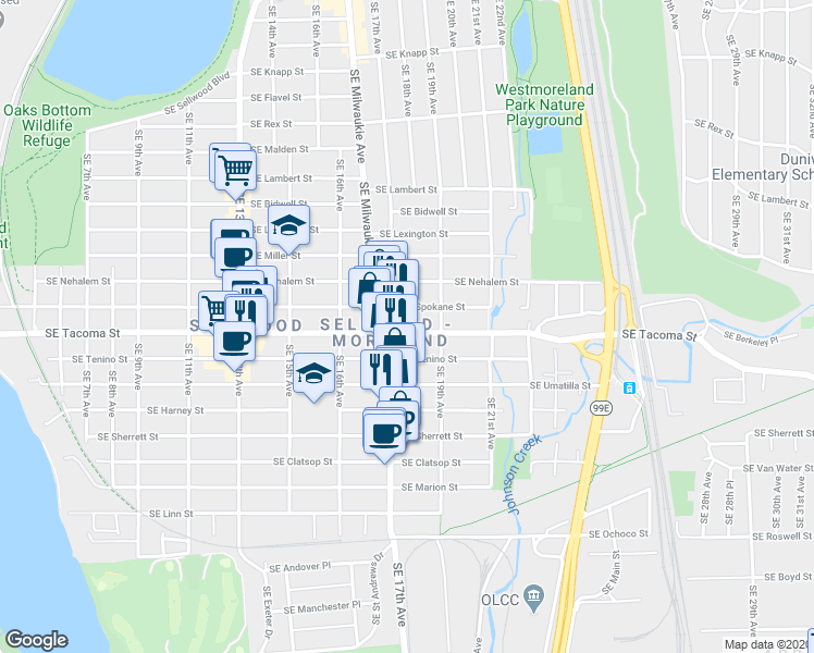 map of restaurants, bars, coffee shops, grocery stores, and more near 1748 Southeast Spokane Street in Portland