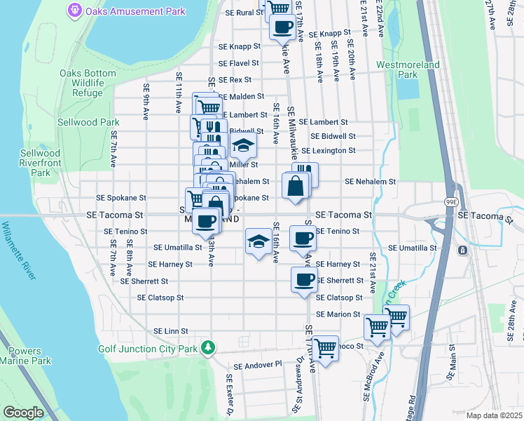 map of restaurants, bars, coffee shops, grocery stores, and more near 1516 Southeast Spokane Street in Portland