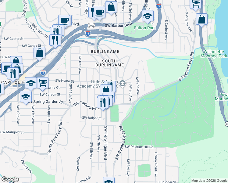 map of restaurants, bars, coffee shops, grocery stores, and more near 8217 Southwest Terwilliger Boulevard in Portland