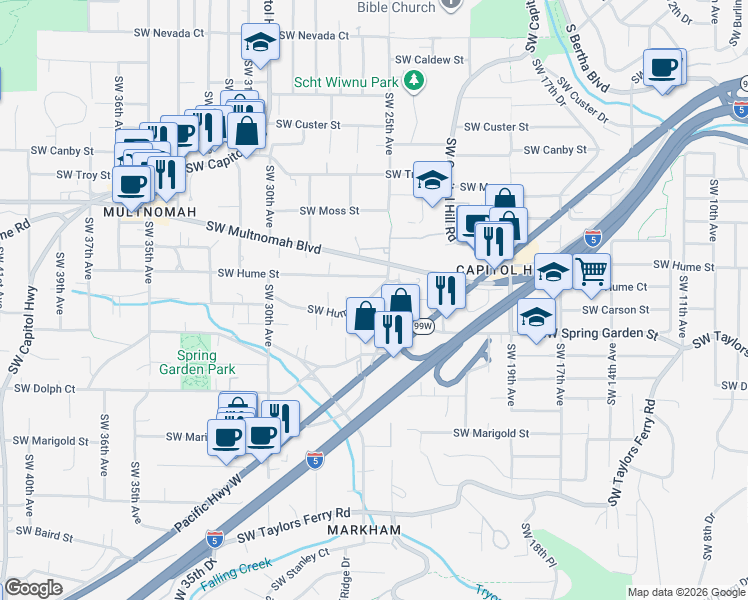 map of restaurants, bars, coffee shops, grocery stores, and more near 2525 Southwest Hume Court in Portland