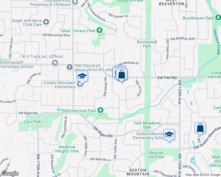 map of restaurants, bars, coffee shops, grocery stores, and more near 7635 Southwest 165th Avenue in Beaverton